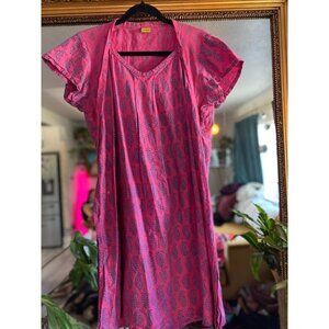 Women's Boho Pink Cotton Kurti Dress with Blue Print Short Sleeve Indian Tunic M